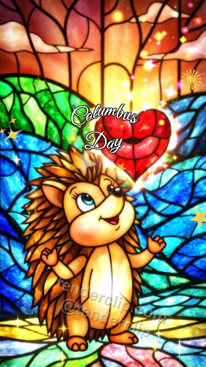 Animated greeting card about Columbus Day: Hedgehog Catches Kiss