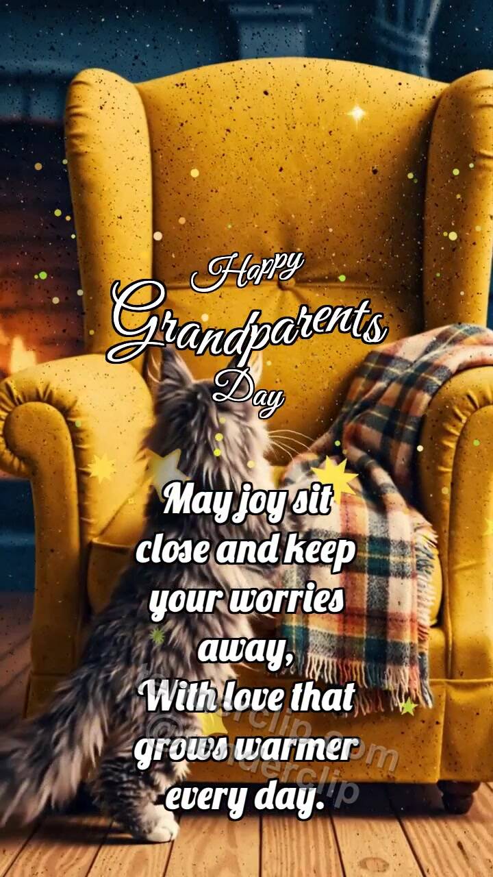 Animated greeting card about Happy Grandparents Day: Kitten Brings Blanket