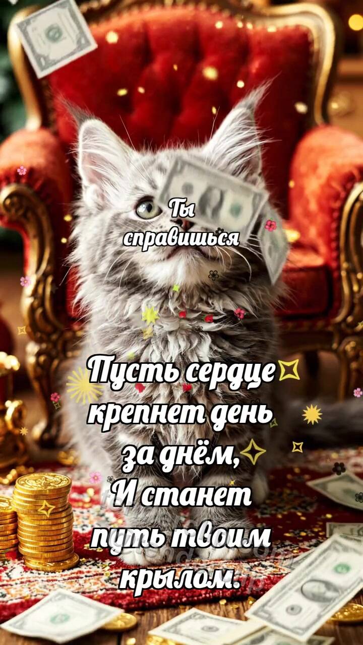 Анимационная открытка на тему Ты справишься: Котёнок под дождём денег