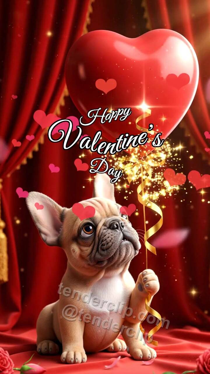 Animated greeting card about Happy Valentine’s Day: Puppy With Heart Balloon