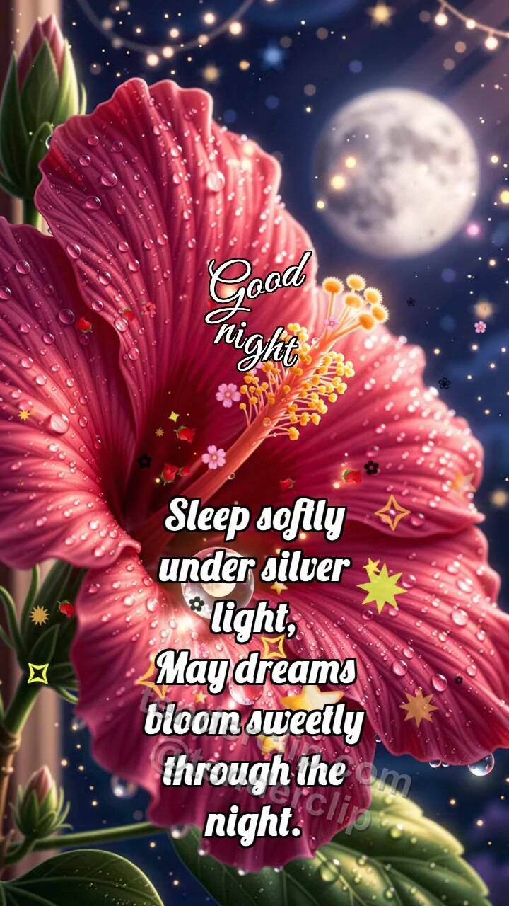 Animated greeting card about Good night: Hibiscus Rocks Dew