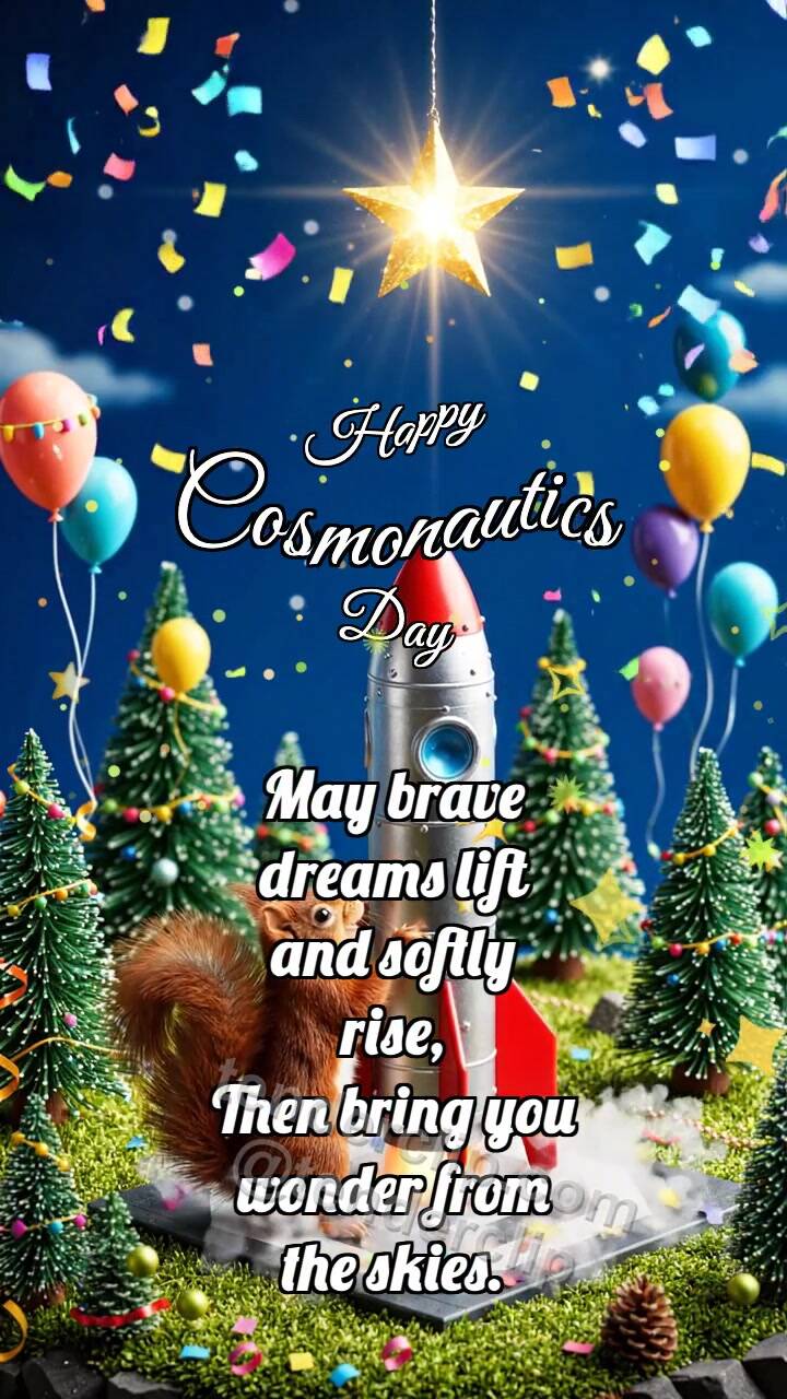 Animated greeting card about Happy Cosmonautics Day: Squirrel By Star Rocket
