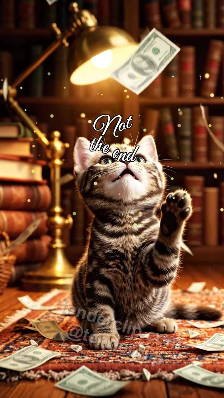 Animated greeting card about Not the end: Kitten Under Money Rain