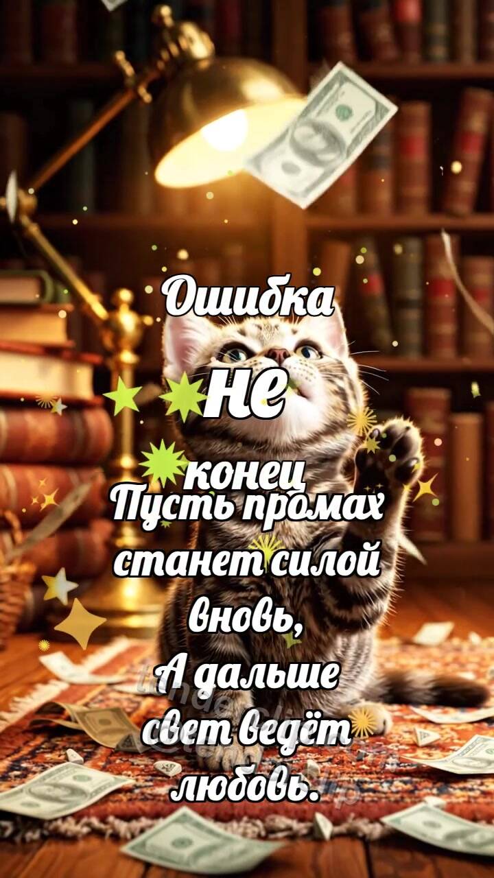 Анимационная открытка на тему Ошибка не конец: Котёнок под дождём денег