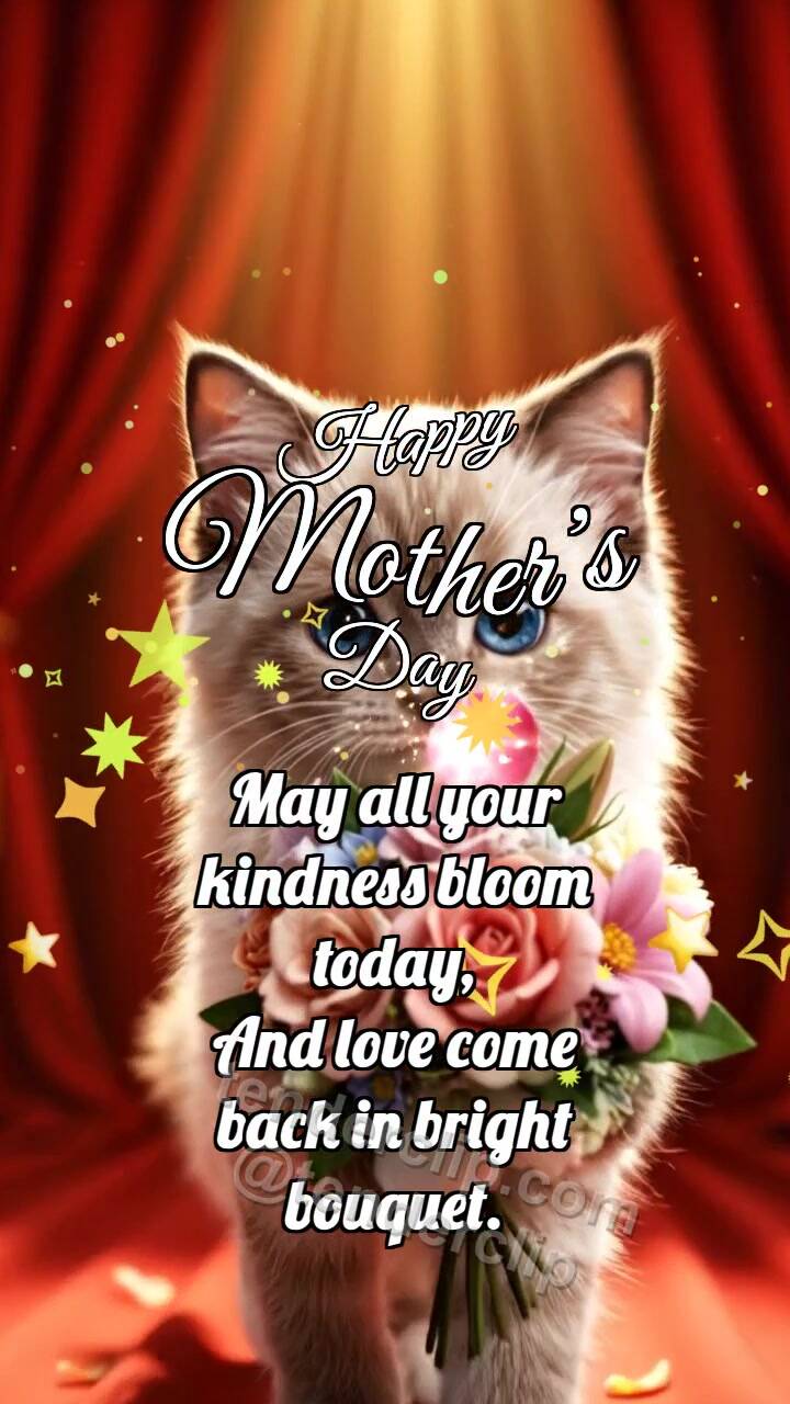 Animated greeting card about Happy Mother’s Day: Kitten Brings Mom Flowers