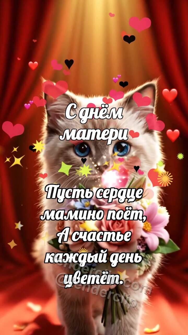 Анимационная открытка на тему С днём матери: Котёнок несёт цветы маме