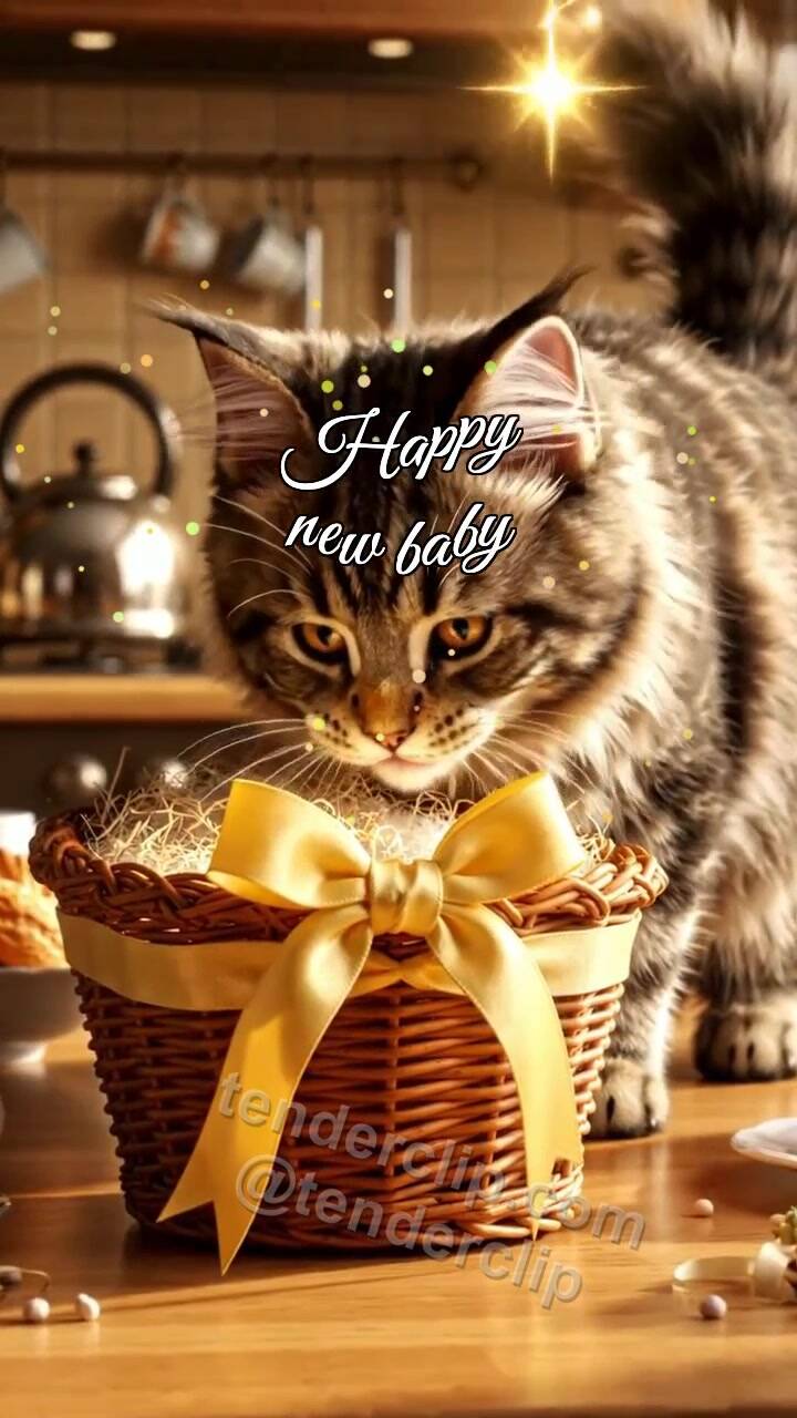 Animated greeting card about Happy new baby: Kitten By Cradle