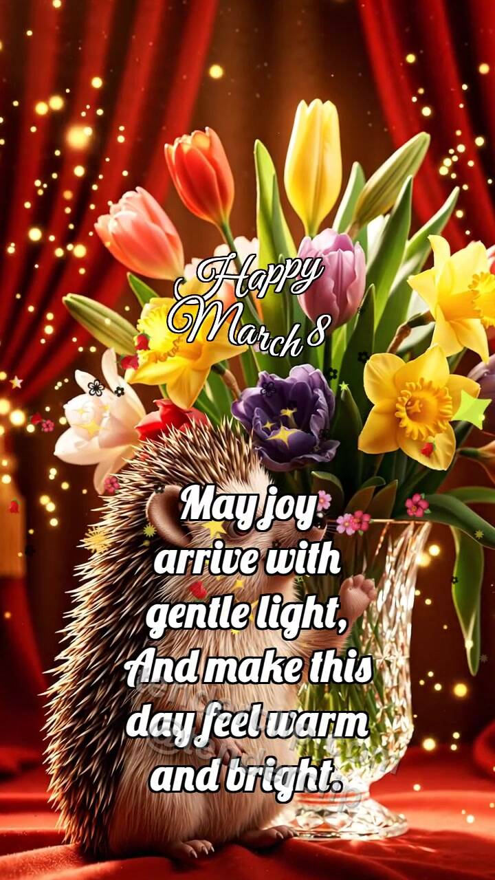 Animated greeting card about Happy March 8: Hedgehog By Spring Bouquet