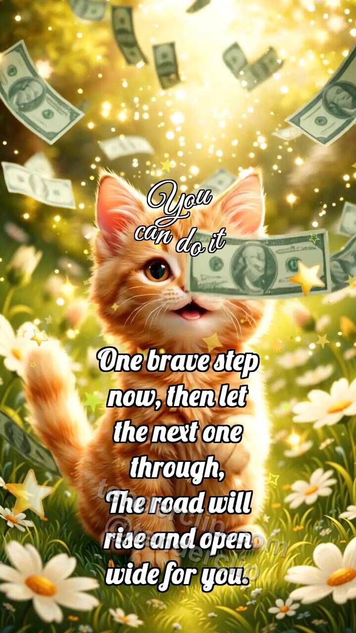 Animated greeting card about You can do it: Kitten Under Money Rain