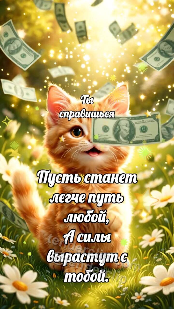 Анимационная открытка на тему Ты справишься: Котёнок под дождём денег