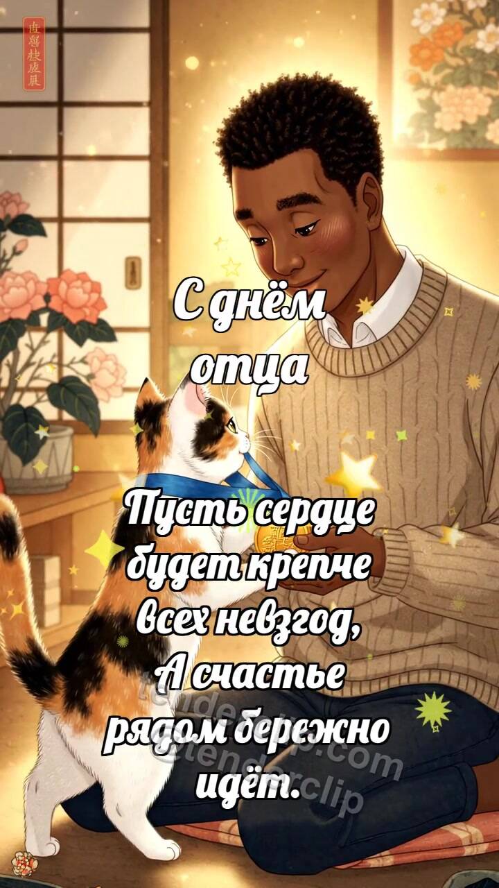Анимационная открытка на тему С днём отца: Котёнок дарит медаль папе