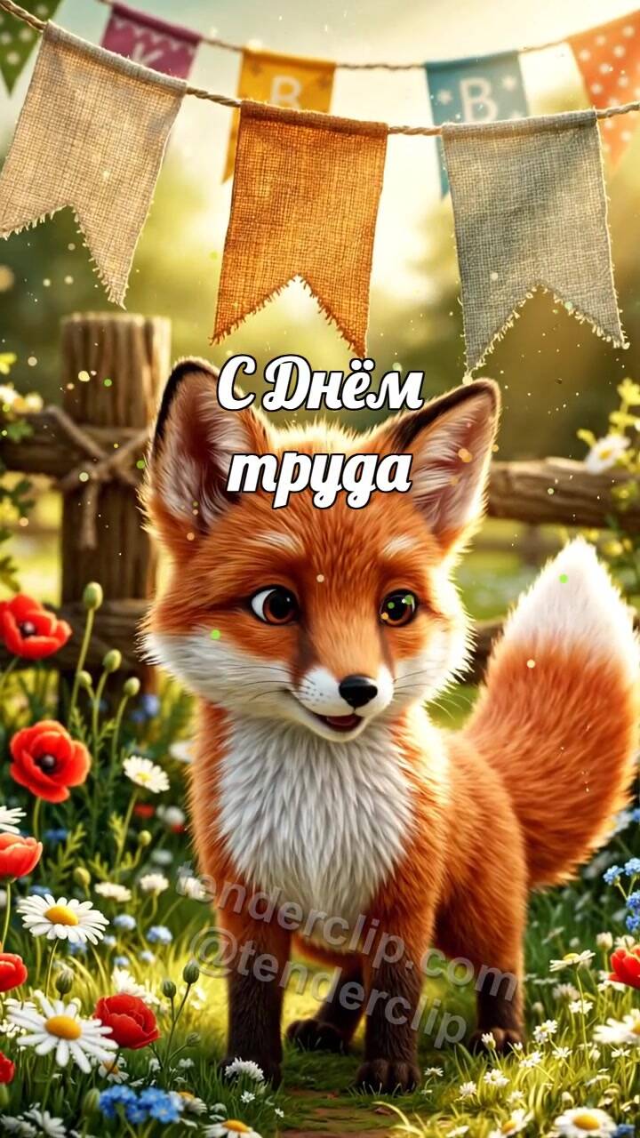 Анимационная открытка на тему С Днём труда: Лисёнок у весенних флажков