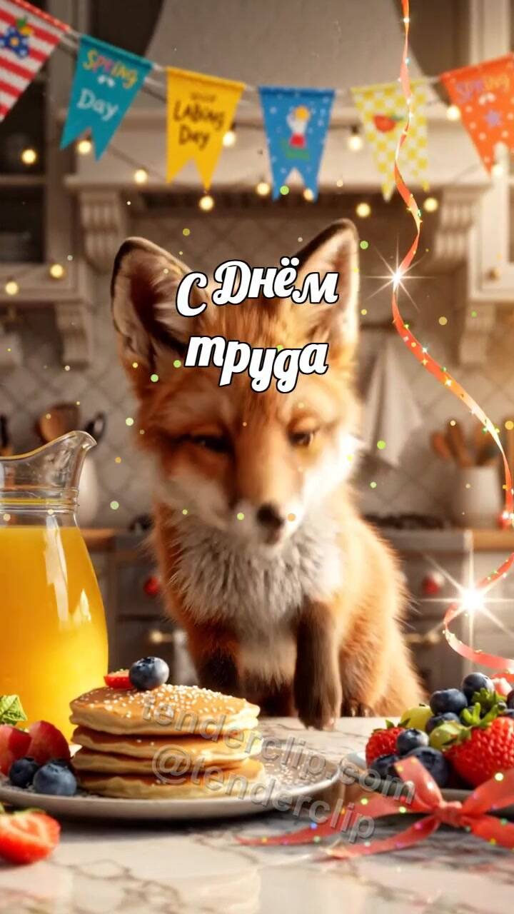 Анимационная открытка на тему С Днём труда: Лисёнок у весенних флажков