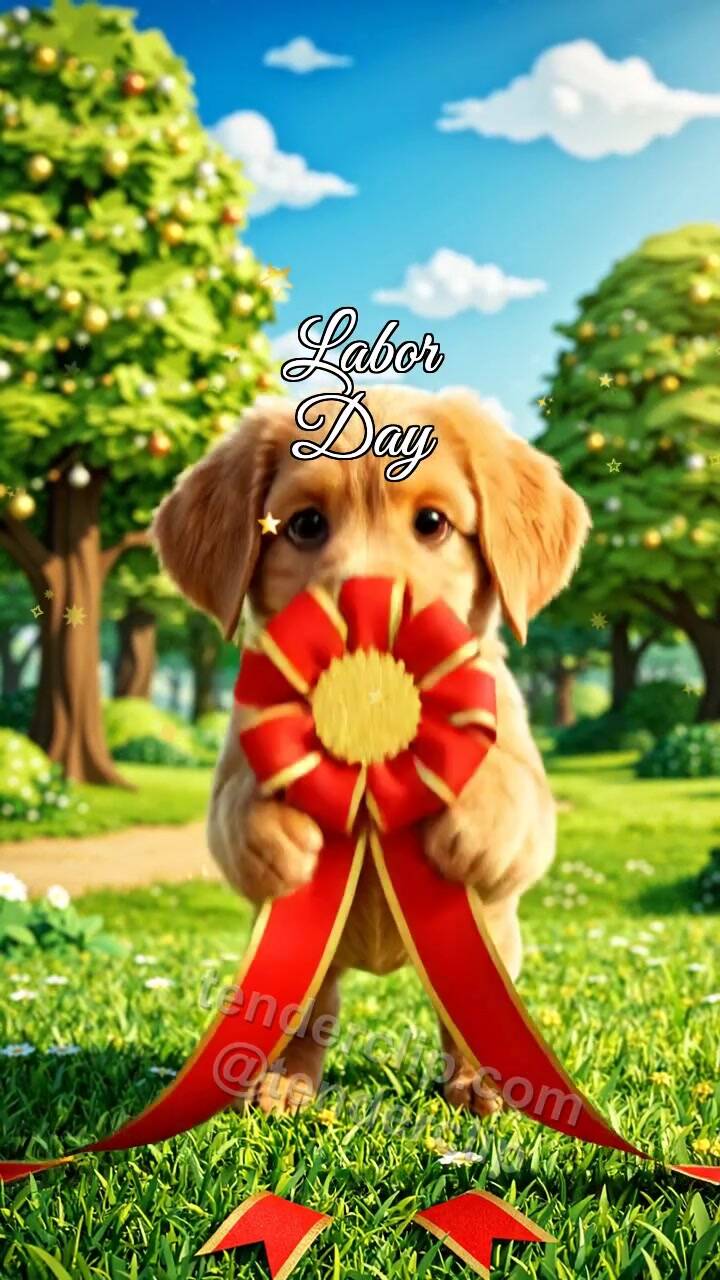 Animated greeting card about Labor Day: Puppy Holds Bright Ribbon