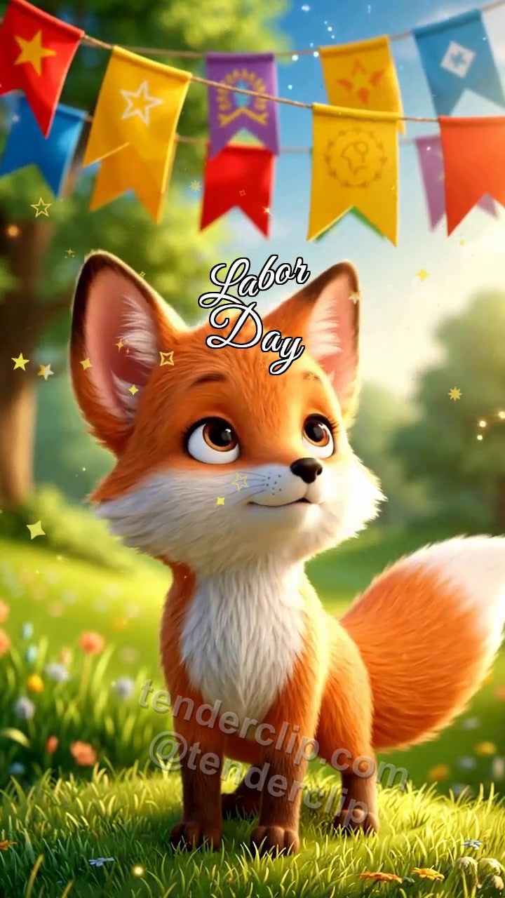 Animated greeting card about Labor Day: Fox Cub By Spring Flags