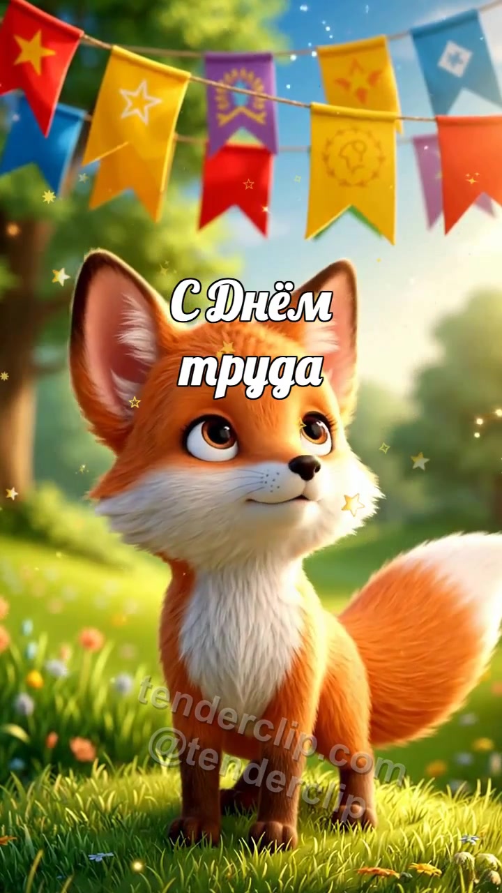 Анимационная открытка на тему С Днём труда: Лисёнок у весенних флажков