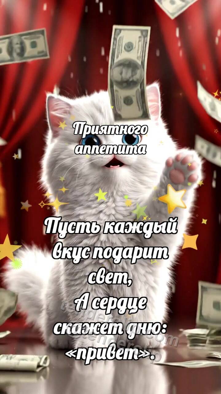 Анимационная открытка на тему Приятного аппетита: Котёнок под дождём денег