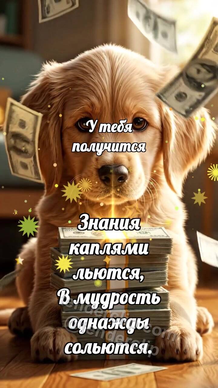 Анимационная открытка на тему У тебя получится: Щенок со стопкой денег