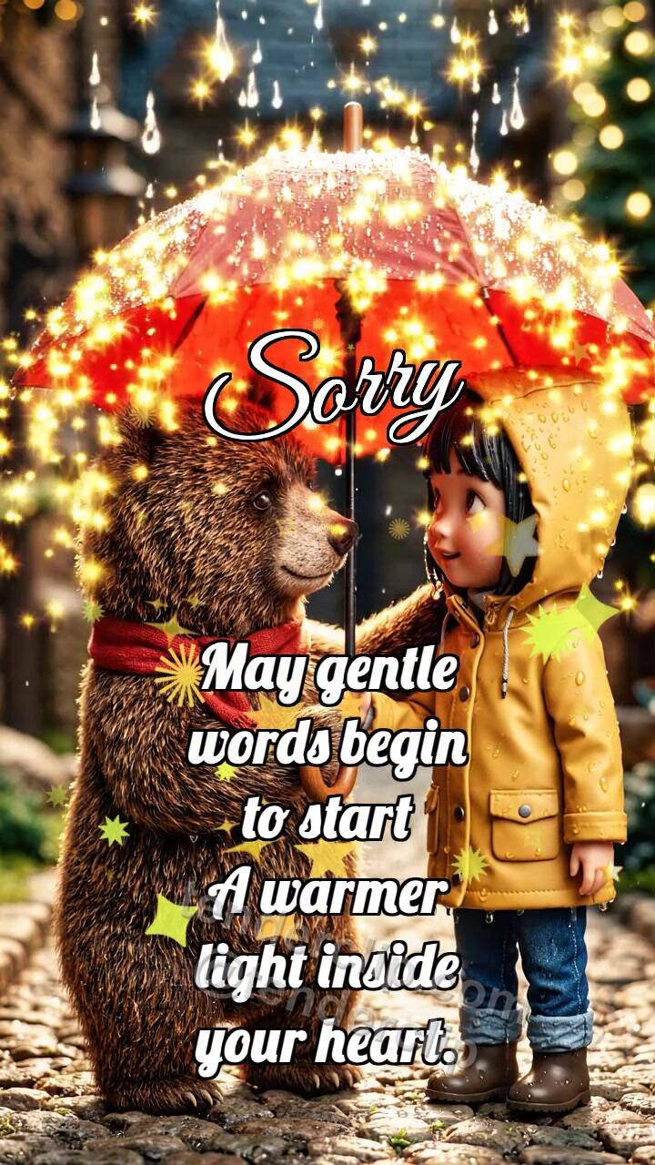 Animated greeting card about Sorry: Bear Cub Shares Umbrella