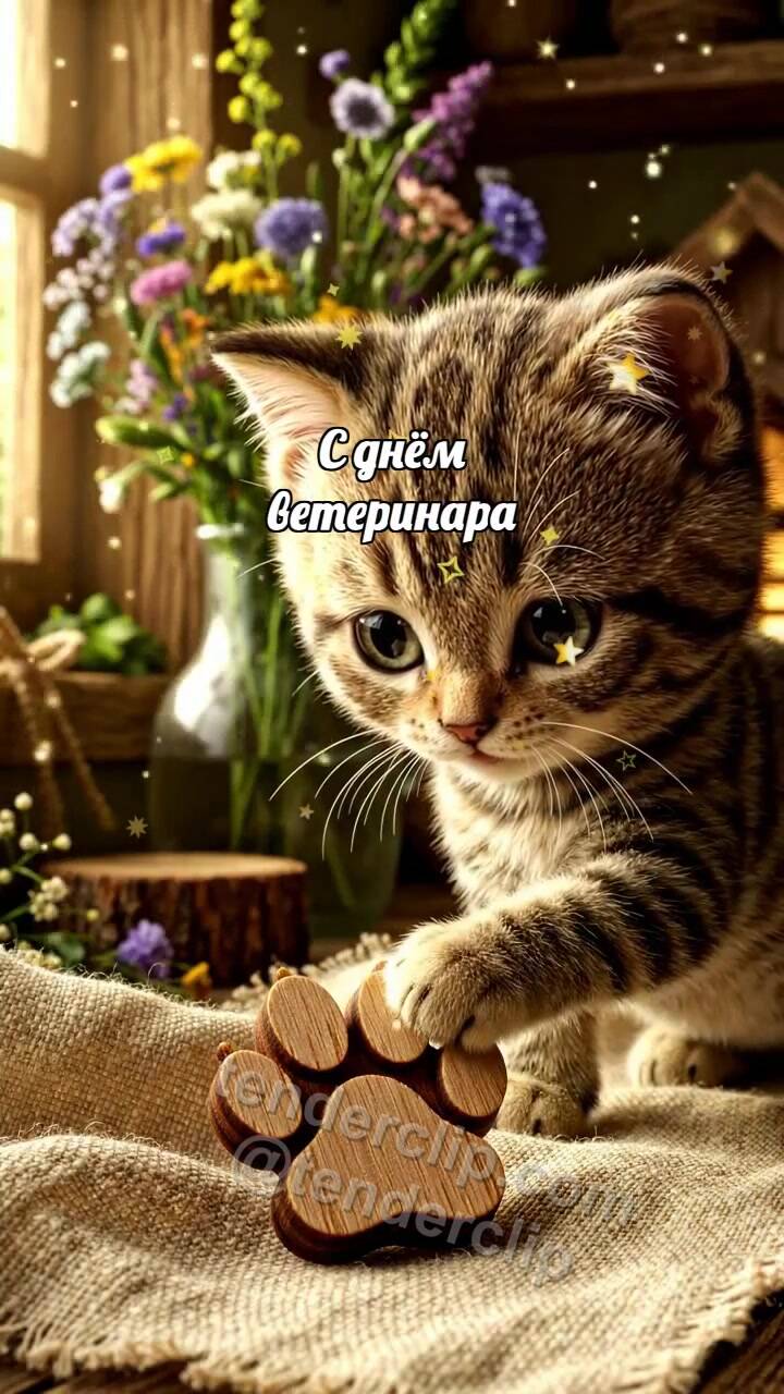Анимационная открытка на тему С днём ветеринара: Котёнок с доброй лапкой