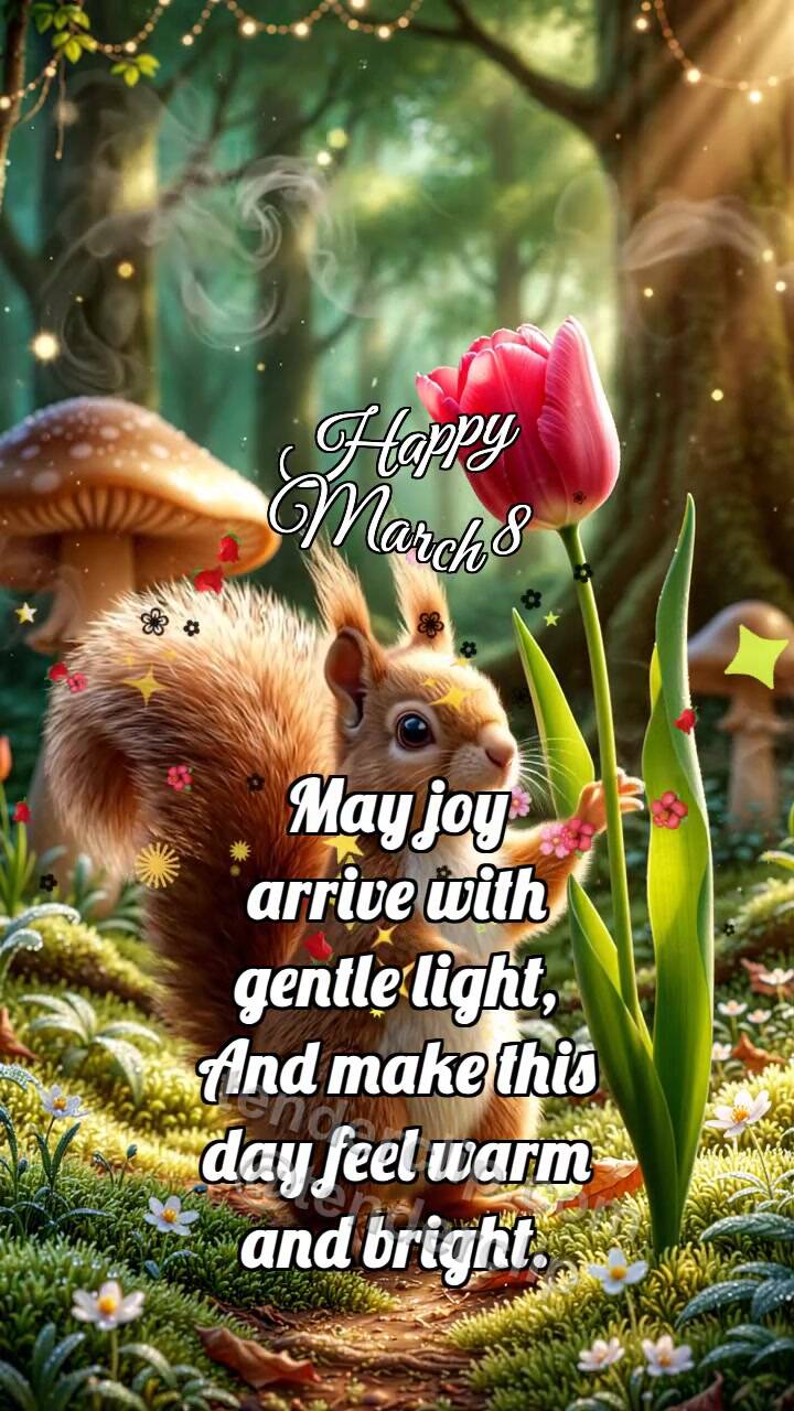 Animated greeting card about Happy March 8: Squirrel Brings Tulip