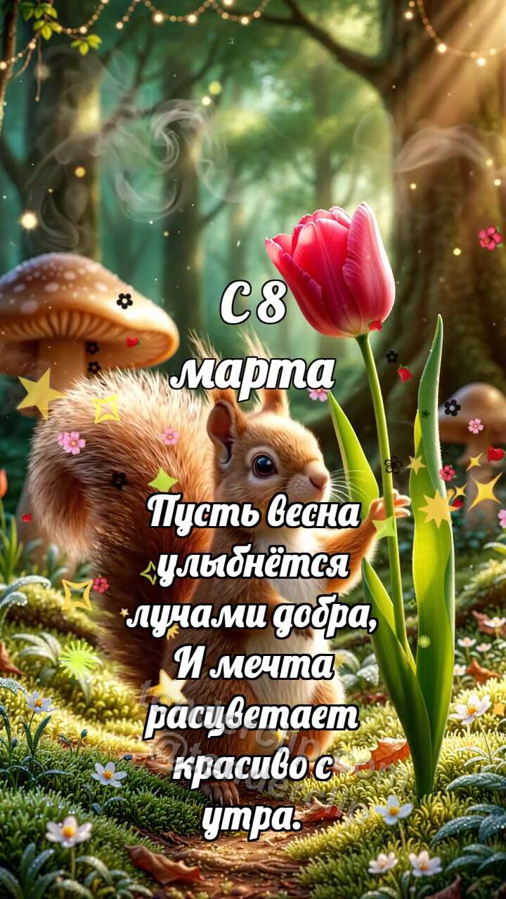 Анимационная открытка на тему С 8 марта: Белочка несёт тюльпан