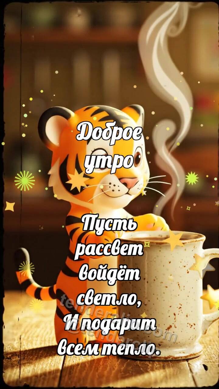 Анимационная открытка на тему Доброе утро: Тигрёнок с утренним кофе