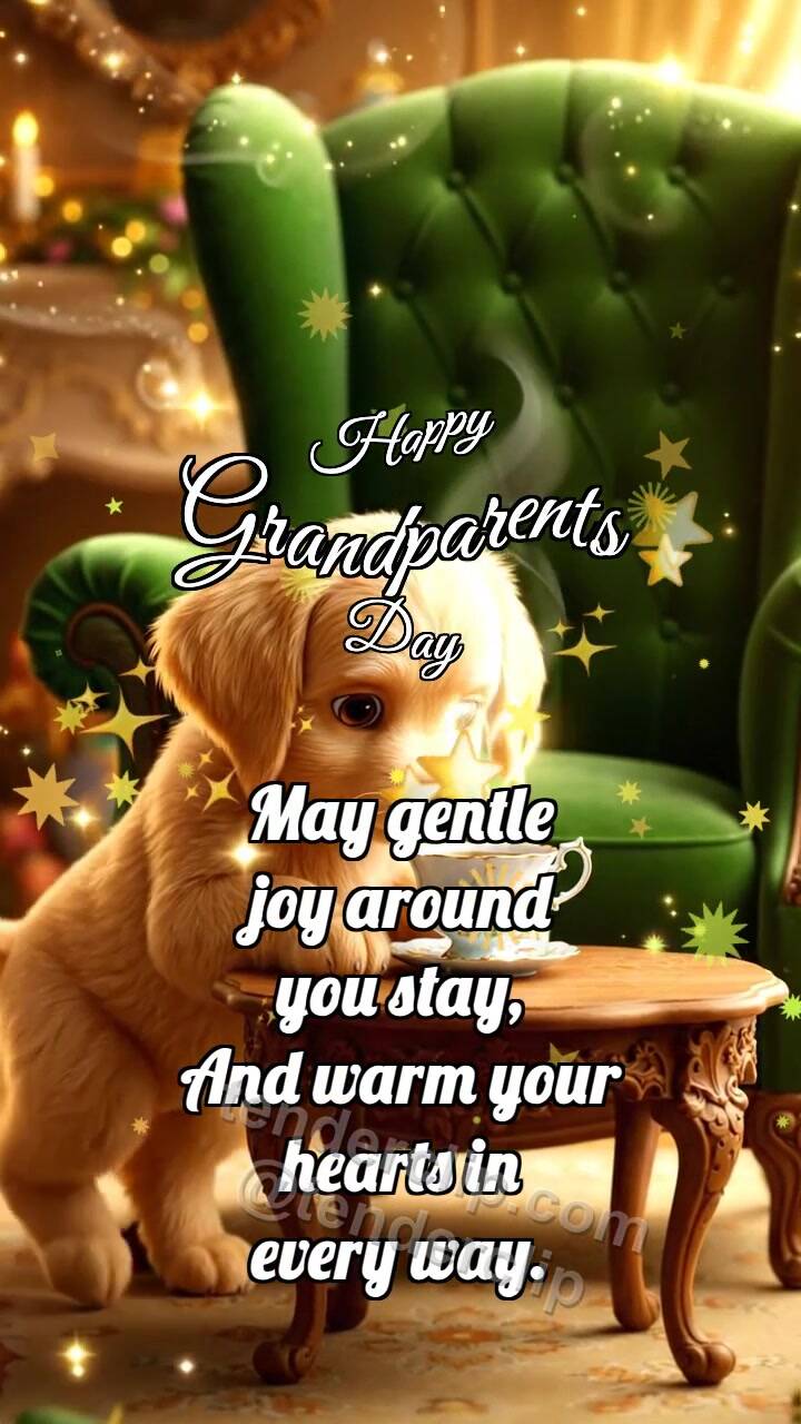 Animated greeting card about Happy Grandparents Day: Puppy Sets Tea Cup