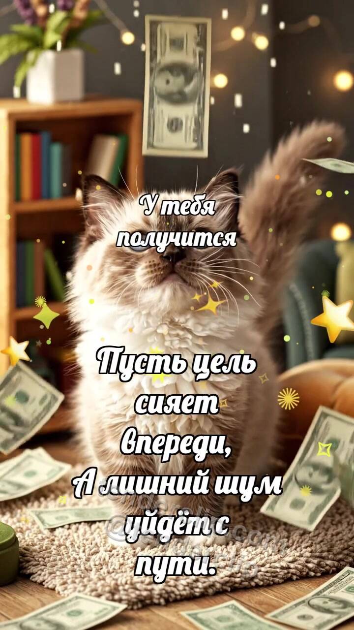 Анимационная открытка на тему У тебя получится: Котёнок под дождём денег