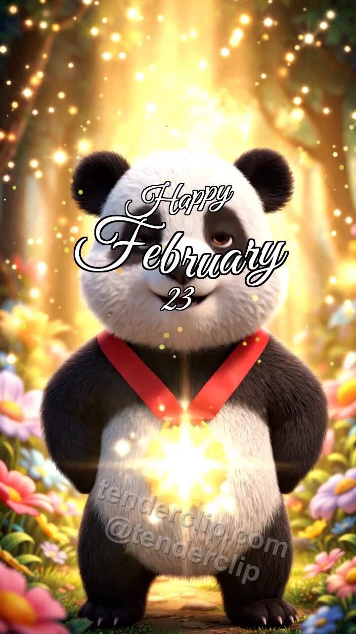 Animated greeting card about Happy February 23: Panda Cub With Strength Medal