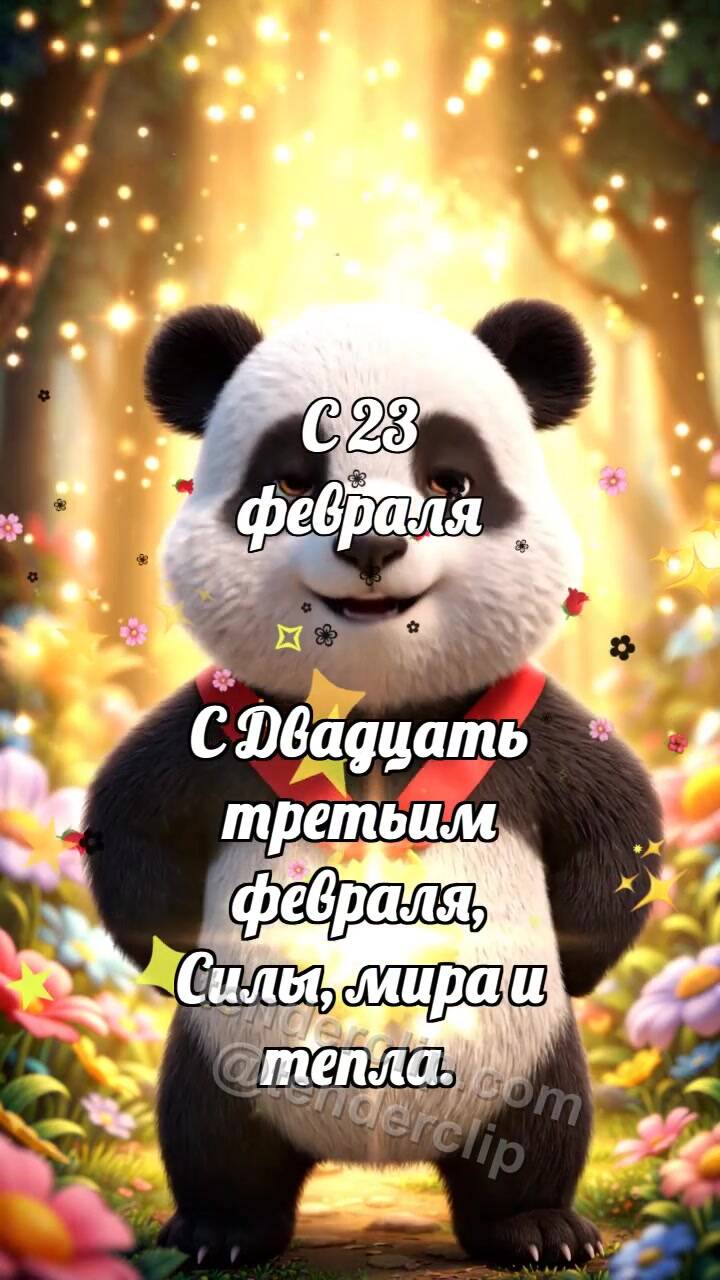 Анимационная открытка на тему С 23 февраля: Панда с медалью силы