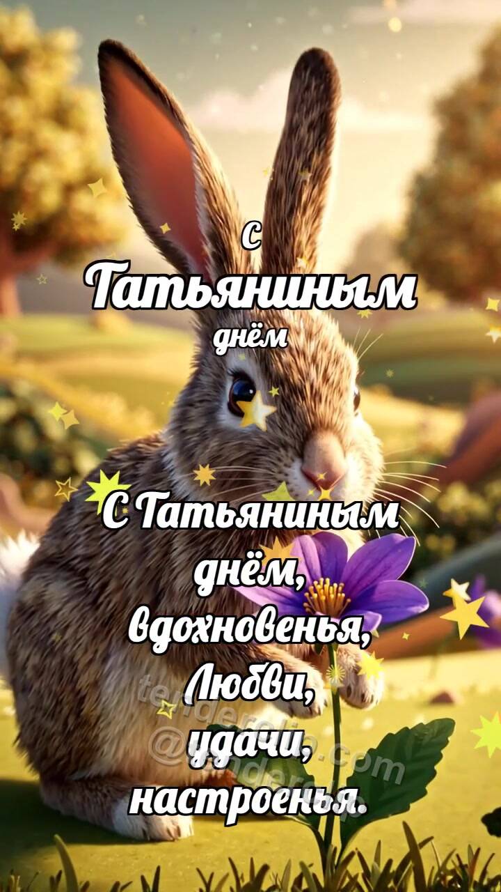 Анимационная открытка на тему С Татьяниным днём: Зайчик несёт фиалку