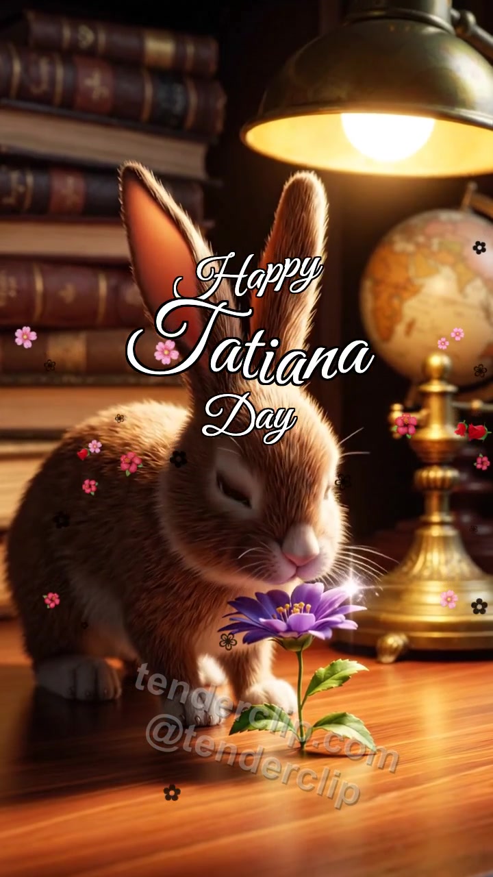 Animated greeting card about Happy Tatiana Day: Bunny Brings Violet