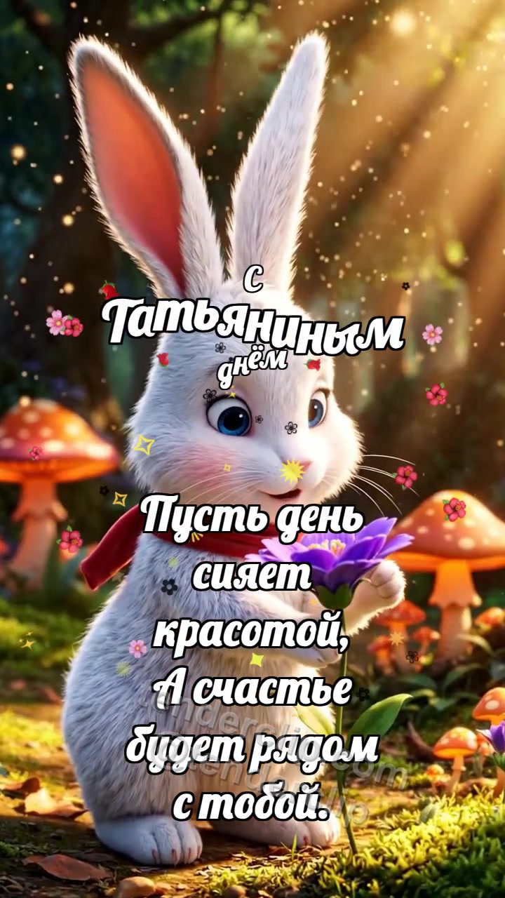 Анимационная открытка на тему С Татьяниным днём: Зайчик несёт фиалку