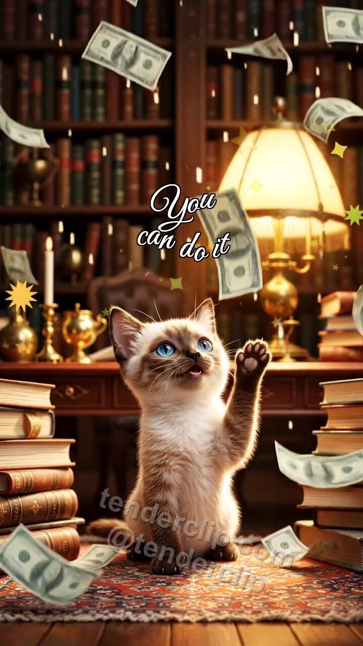 Animated greeting card about You can do it: Kitten Under Money Rain