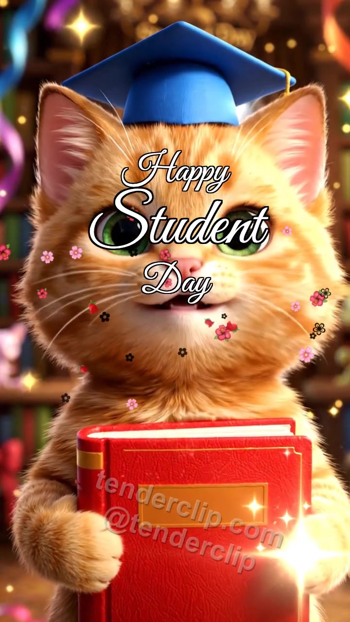 Animated greeting card about Happy Student Day: Kitten With Lucky Record Book