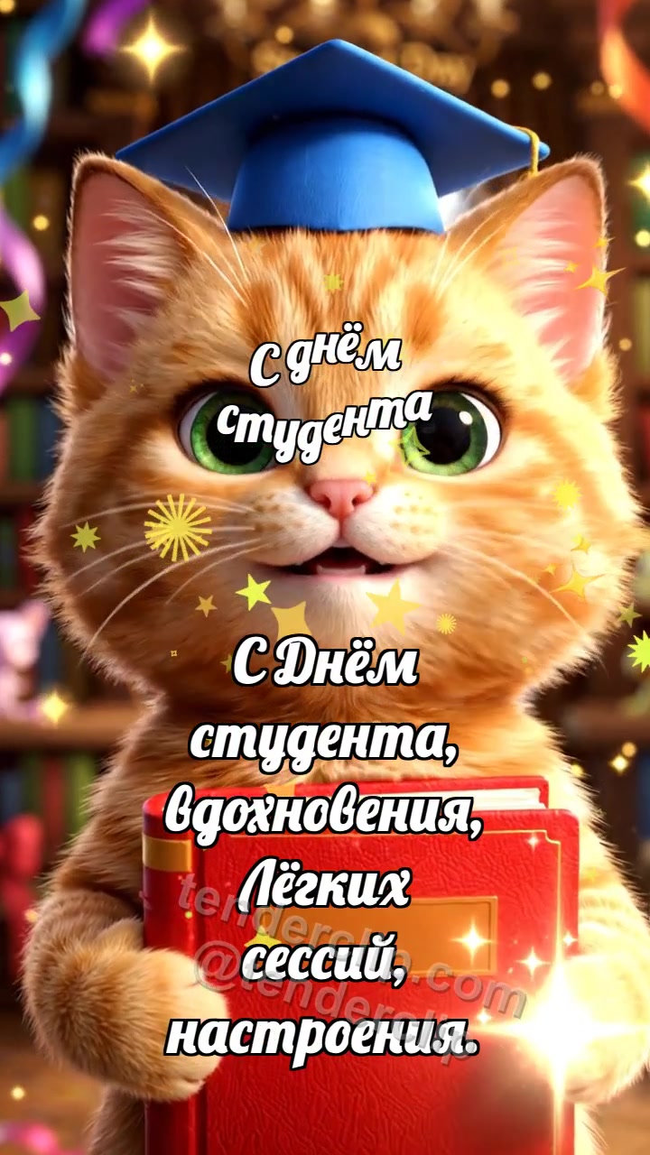 Анимационная открытка на тему С днём студента: Котёнок с зачёткой удачи