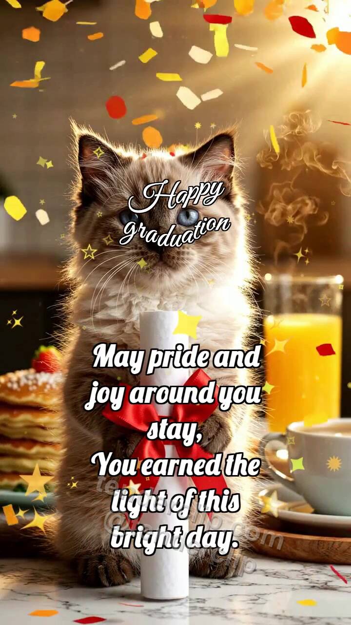 Animated greeting card about Happy graduation: Kitten Holds Diploma