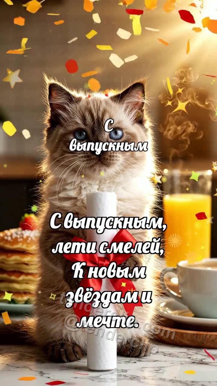 Анимационная открытка на тему С выпускным: Котёнок держит диплом