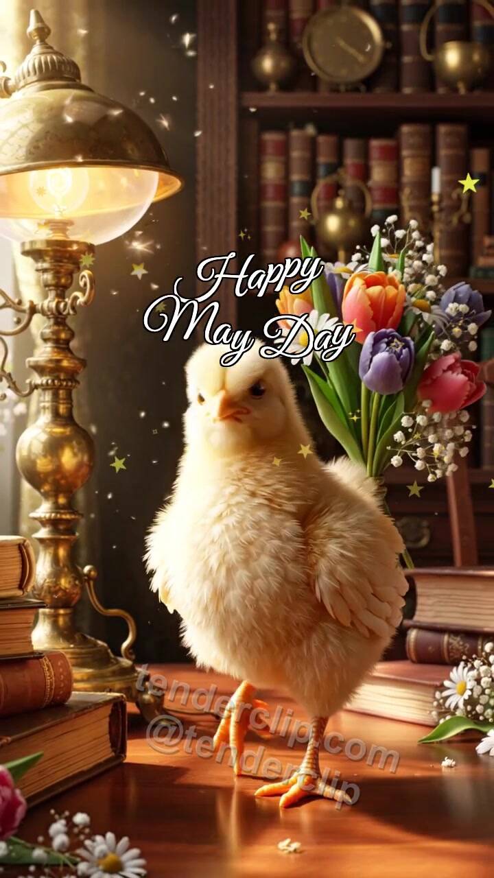 Animated greeting card about Happy May Day: Chick Brings May Bouquet