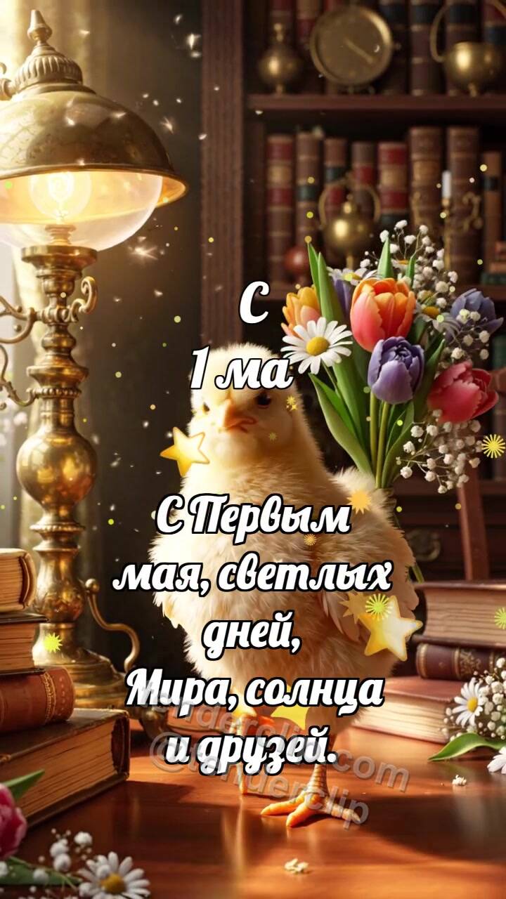 Анимационная открытка на тему С 1 мая: Цыплёнок несёт букет мая