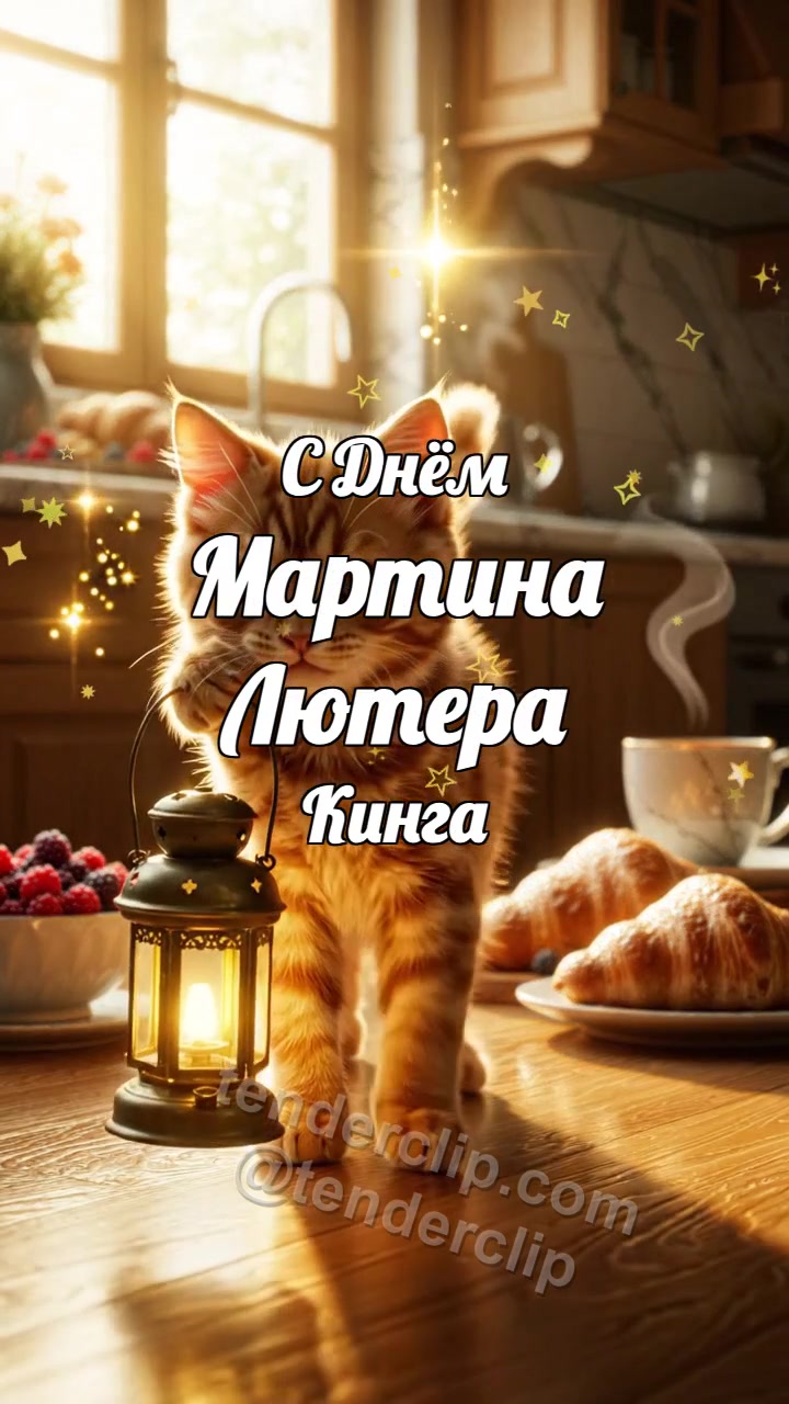 Анимационная открытка на тему С Днём Мартина Лютера Кинга: Котёнок несёт свет надежды