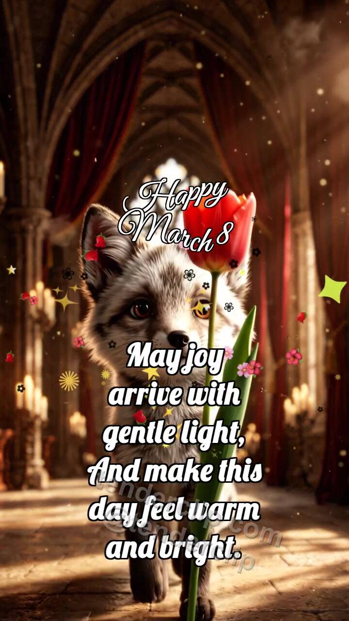 Animated greeting card about Happy March 8: Fox Cub Brings Tulip