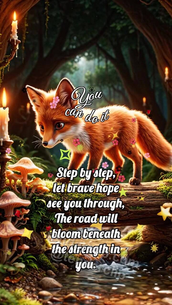 Animated greeting card about You can do it: Fox Cub Crosses Log