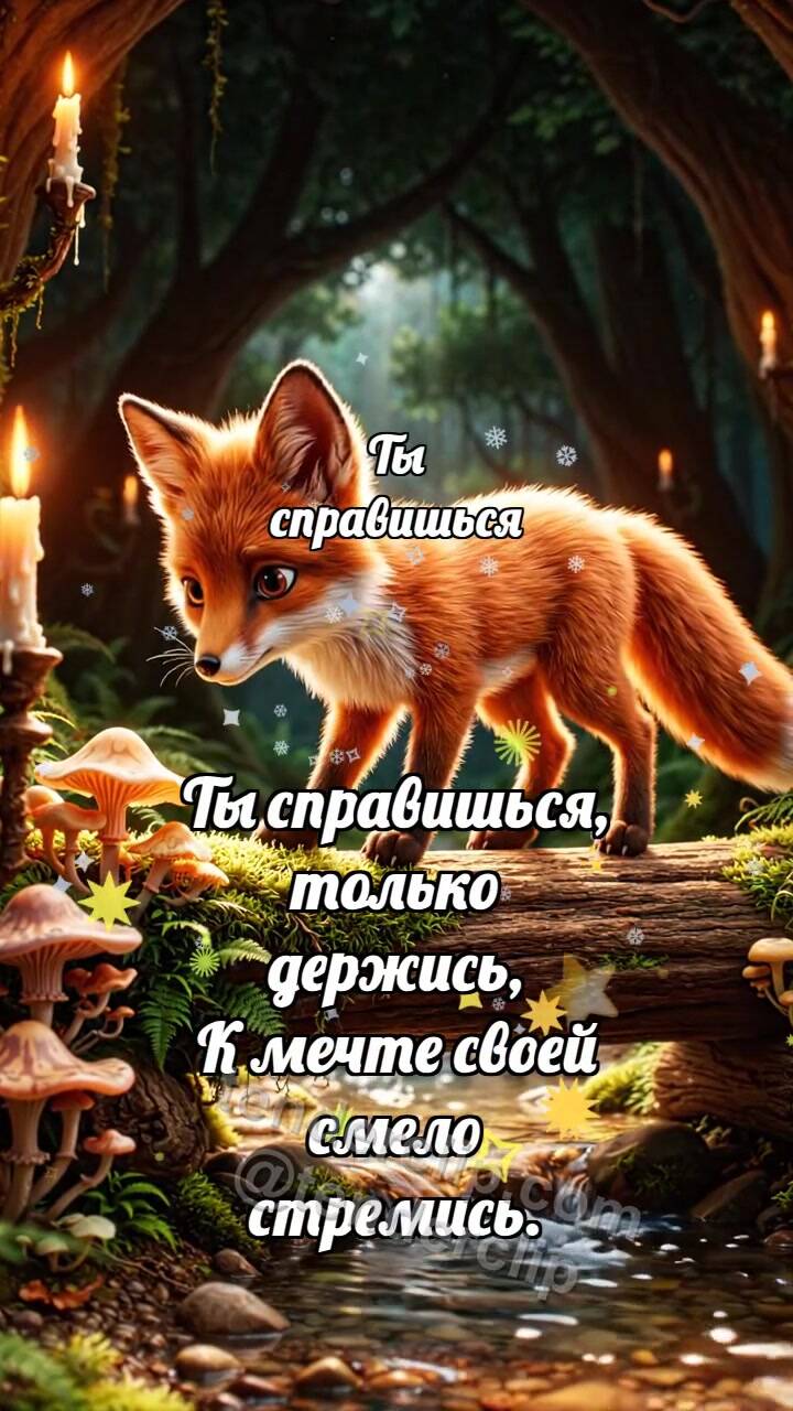 Анимационная открытка на тему Ты справишься: Лисёнок идёт по бревну