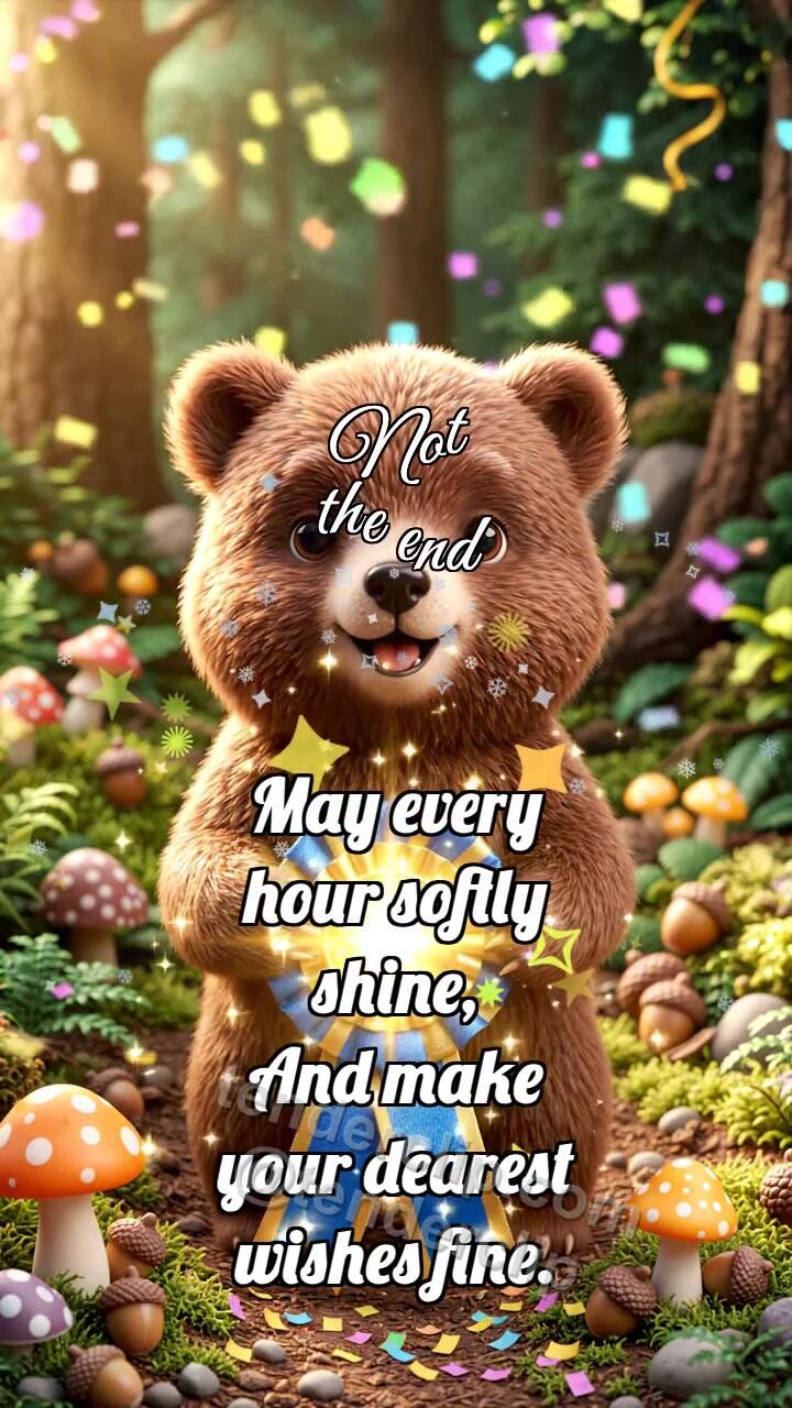 Animated greeting card about Not the end: Bear Cub Holds Ribbon