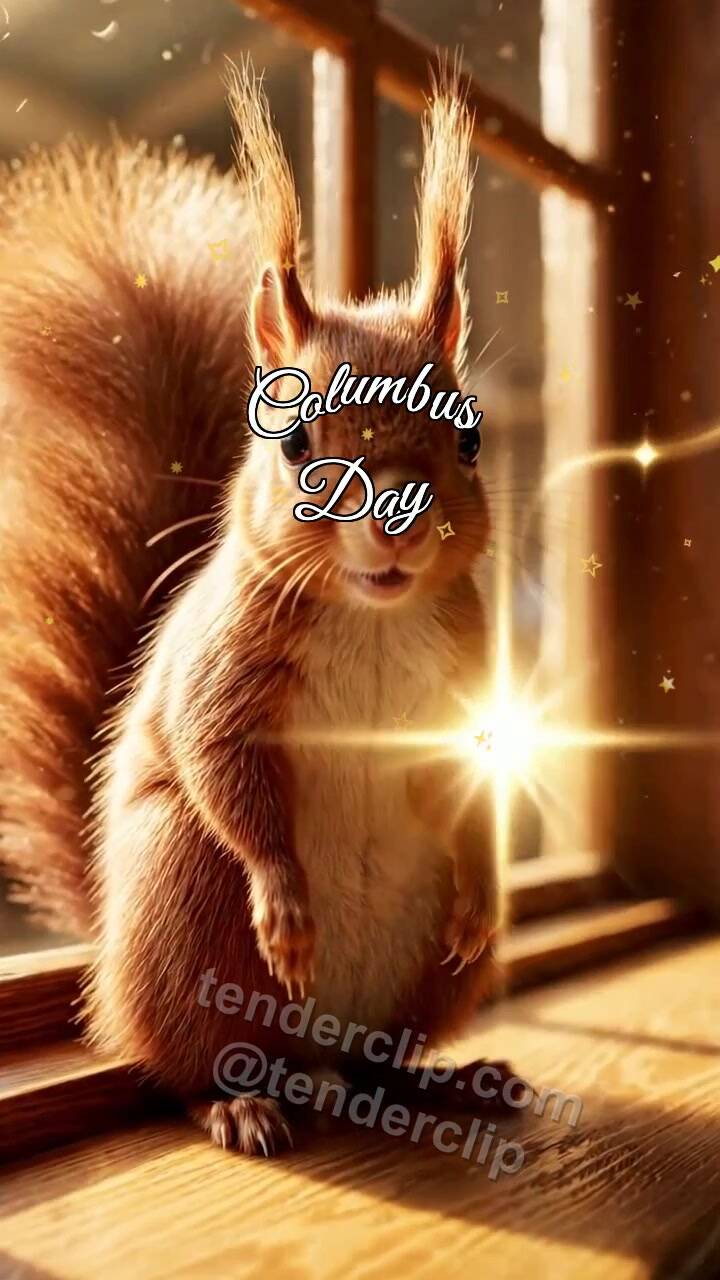 Animated greeting card about Columbus Day: Squirrel Waves From Window
