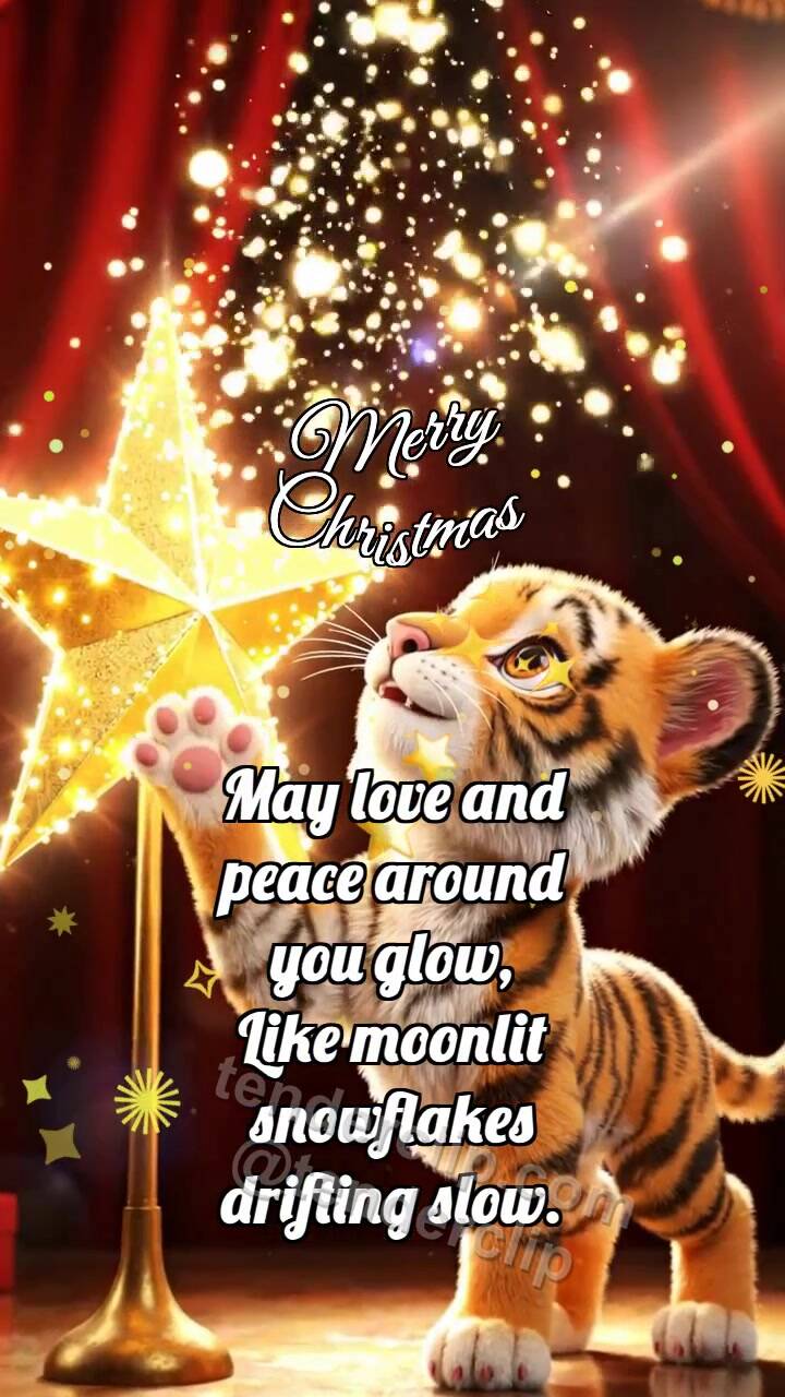 Animated greeting card about Merry Christmas: Tiger Cub By Christmas Star