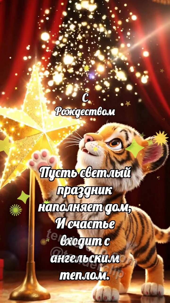 Анимационная открытка на тему С Рождеством: Тигрёнок у рождественской звезды