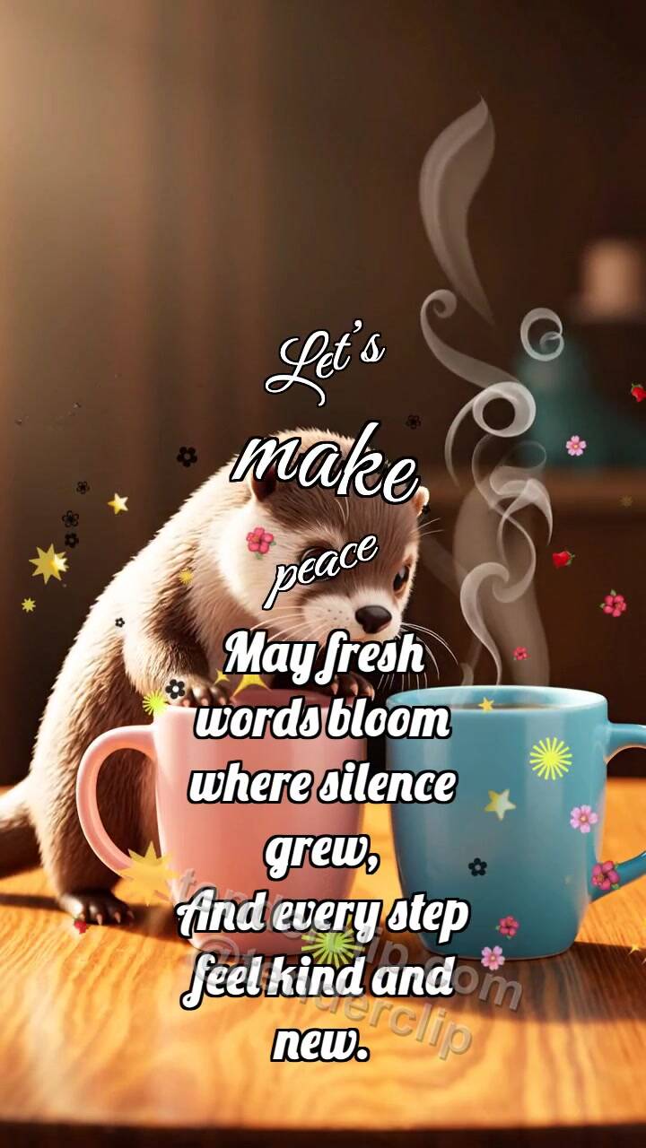 Animated greeting card about Let’s make peace: Otter Moves Cups Closer